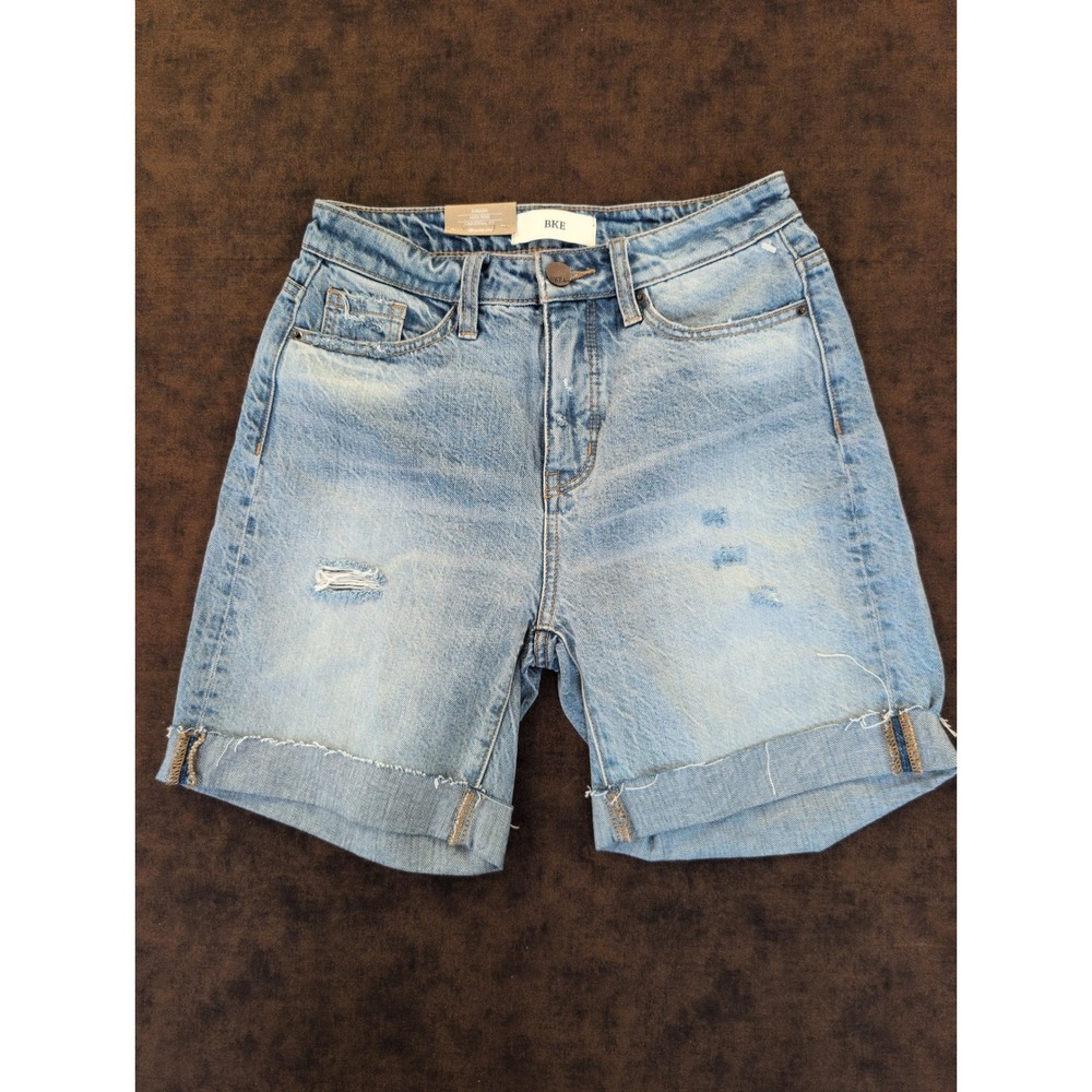 BKE Parker High Rise Bermuda Denim Shorts Light Acid Wash Distressed Size 23 NWT